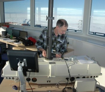 BAS scientist Jon Shanklin makes an ozone measurement at Halley station in Antarctica.