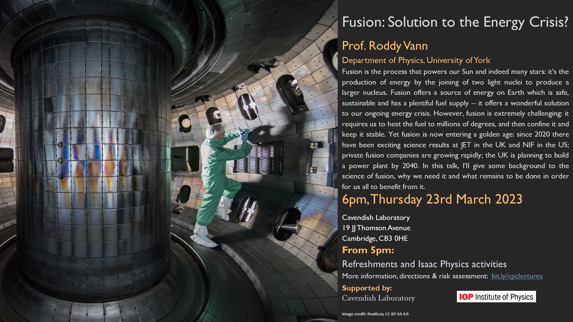 The poster for the March 23 CPC lecture, showing the inside of a fusion reactor